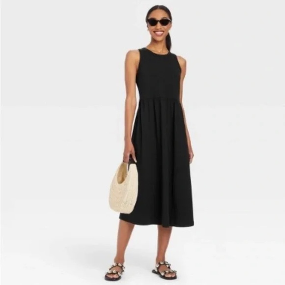 A New Day LBD black high neck sleeves ballet midi dress with pockets small